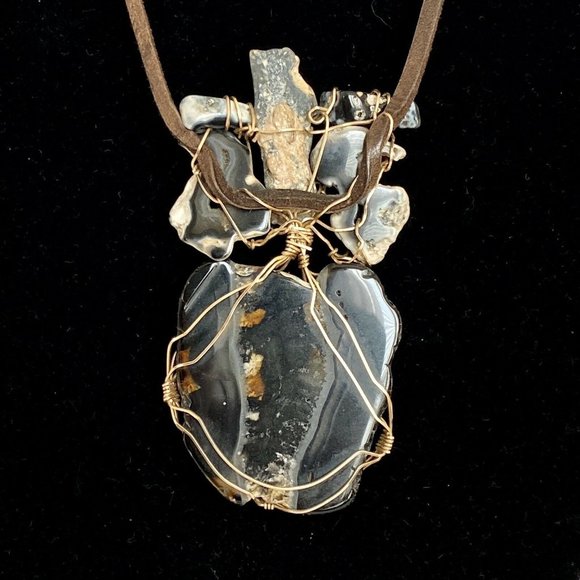 Large Agate Wrapped 4” Pendant Necklace Leather Gold Filled Wire Brutalist Style - Picture 4 of 5